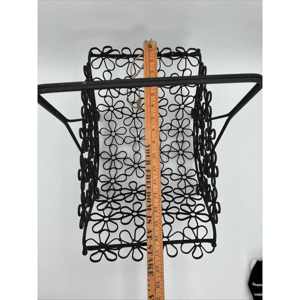 Black Metal Floral Wire Basket Daisy Cutout Decorative Handle Cottagecore MCM